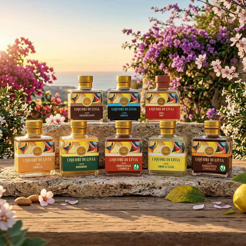 Selezione di liquori artigianali siciliani Liquori di Livia con gusti agrumati, speziati e dolci in giardino mediterraneo