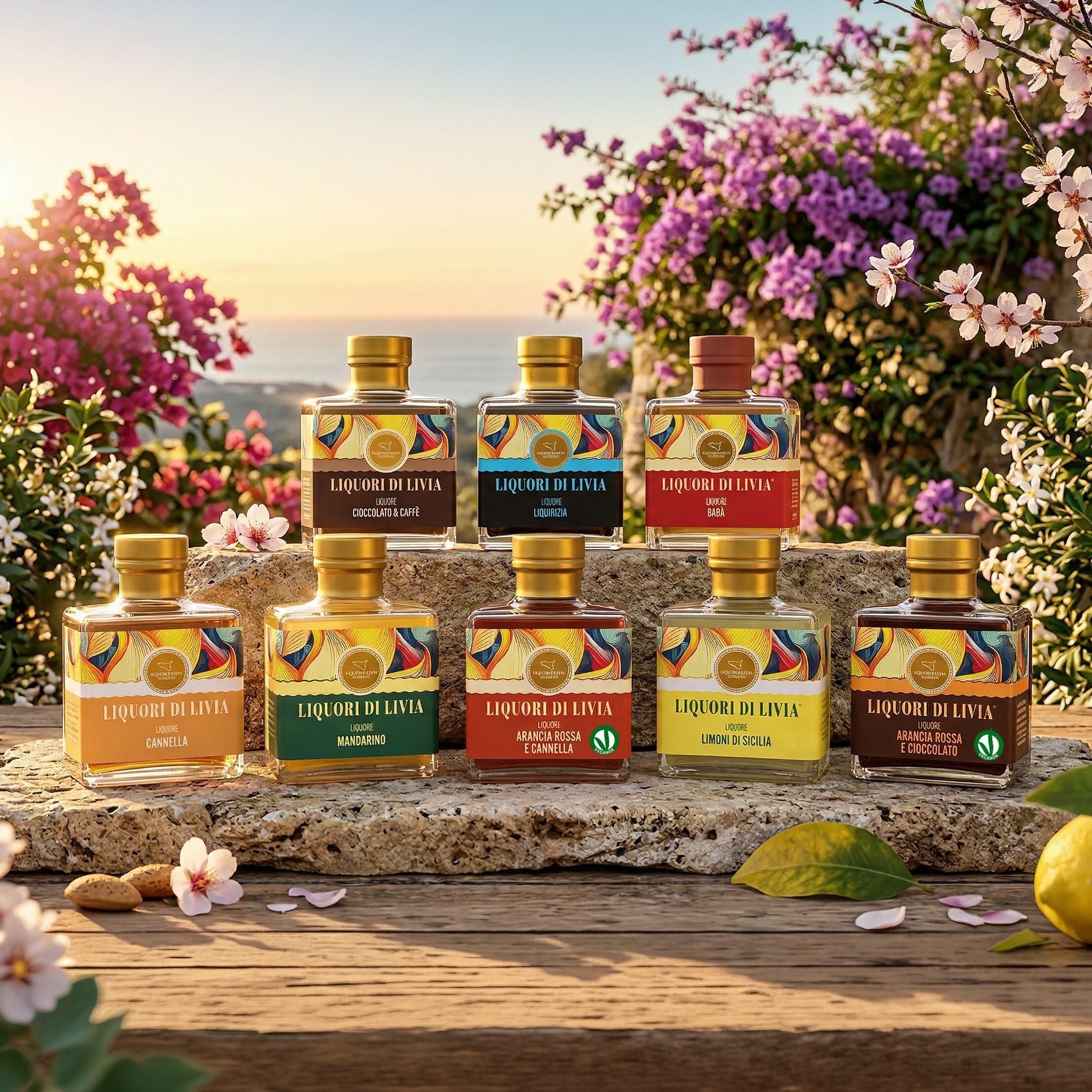 Selezione di liquori artigianali siciliani Liquori di Livia con gusti agrumati, speziati e dolci in giardino mediterraneo