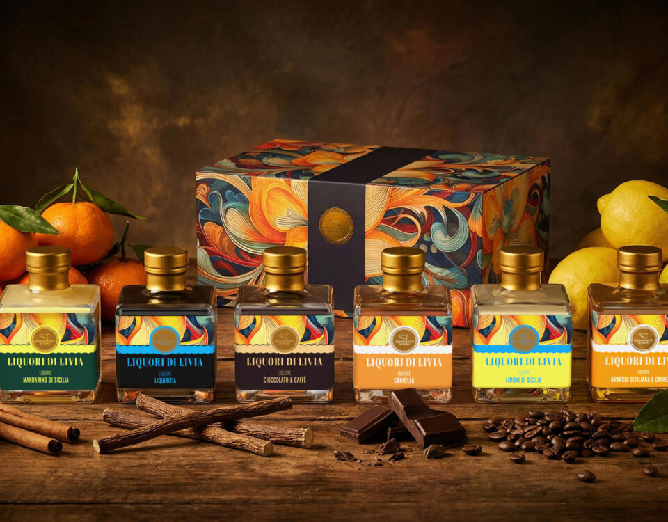 Selezione di Liquori di Livia con confezione regalo, agrumi, liquirizia, cioccolato e caffè