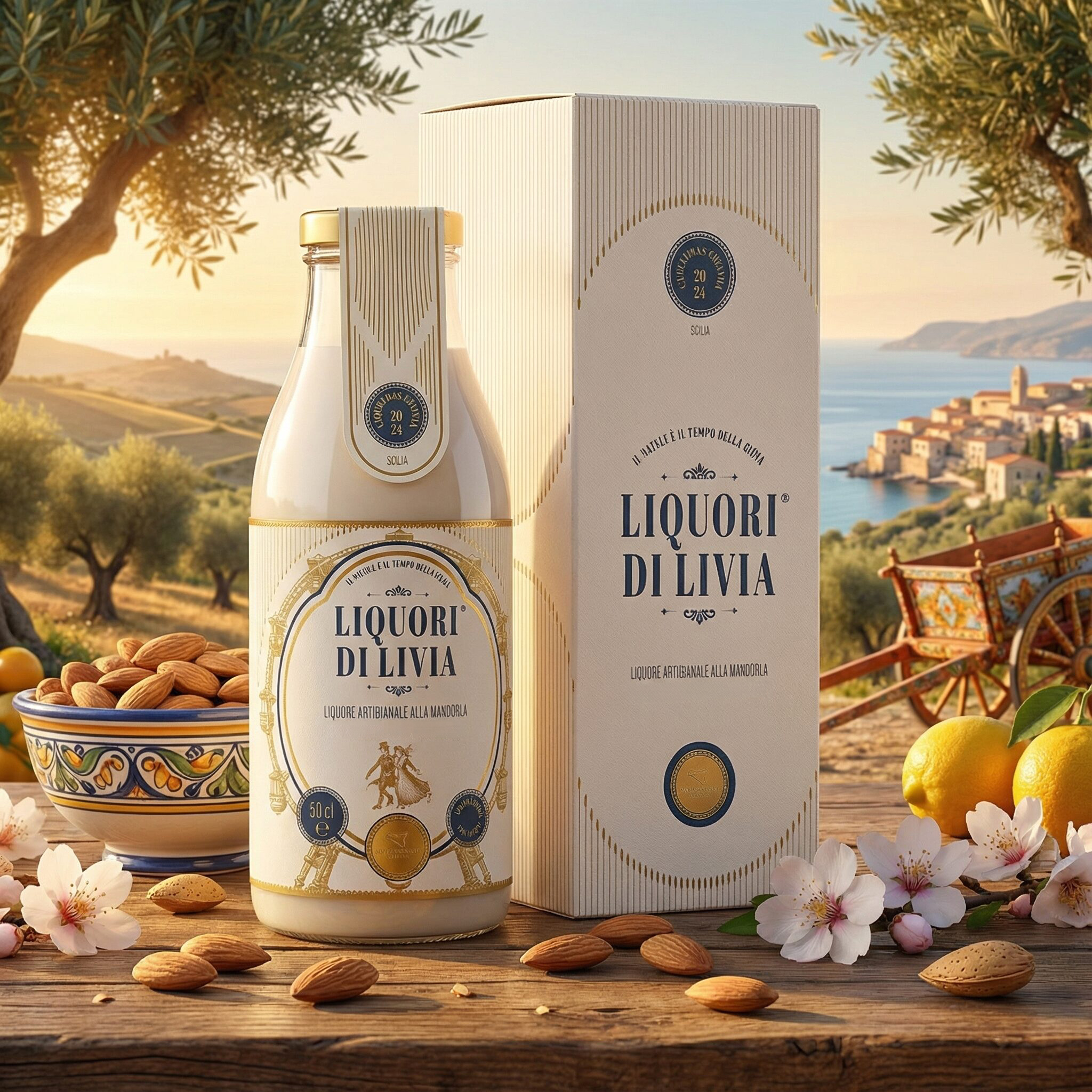 Liquore di Livia alla mandorla con scaglie di mandorla tostata in bottiglia e confezione, ambientato in paesaggio siciliano
