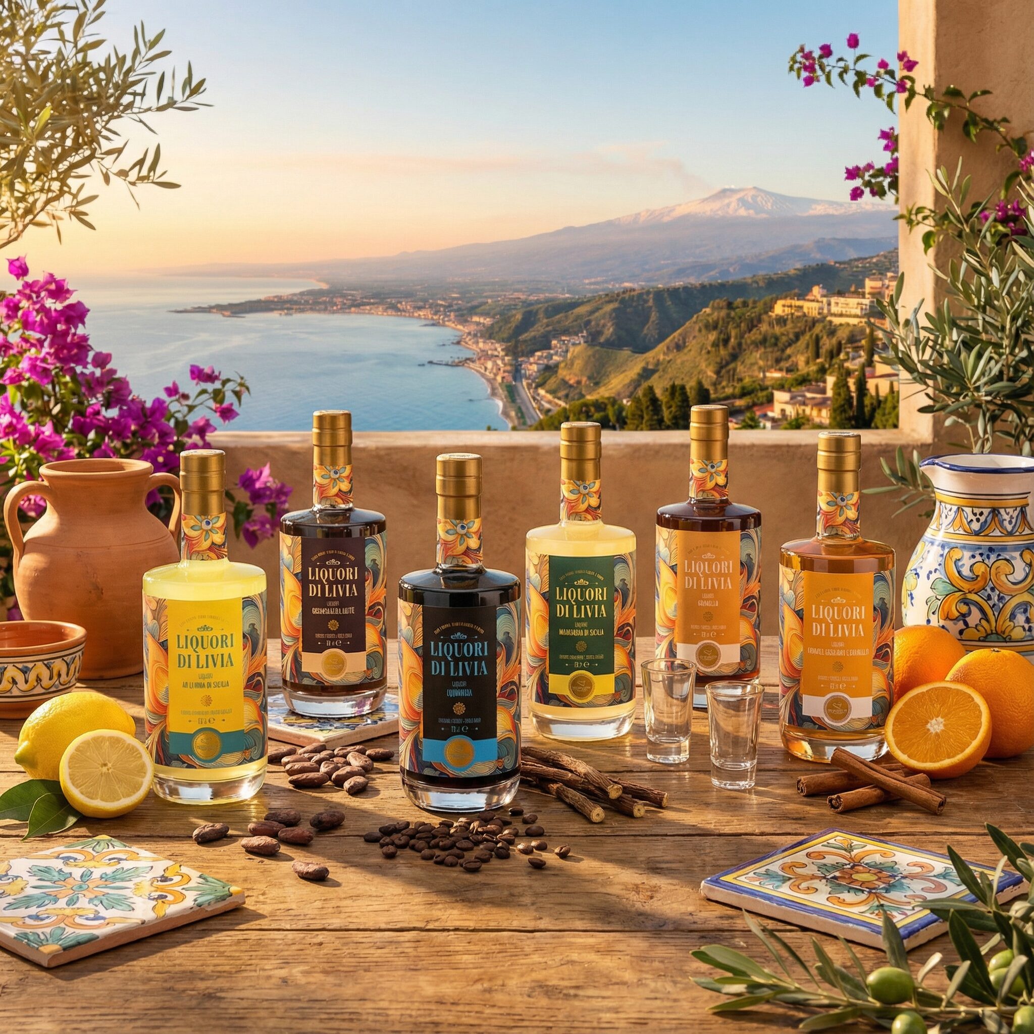Selezione di Liquori di Livia assortiti su tavolo con agrumi e spezie, con vista sulla costa siciliana e sull’Etna