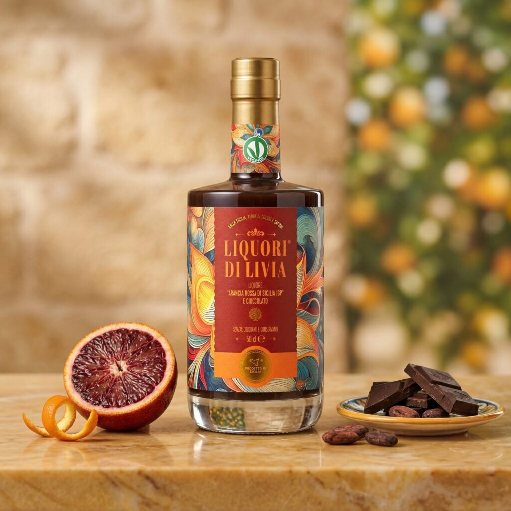 Bottiglia di liquore artigianale arancia rossa IGP di Sicilia e cioccolato con agrume e pezzi di cioccolato