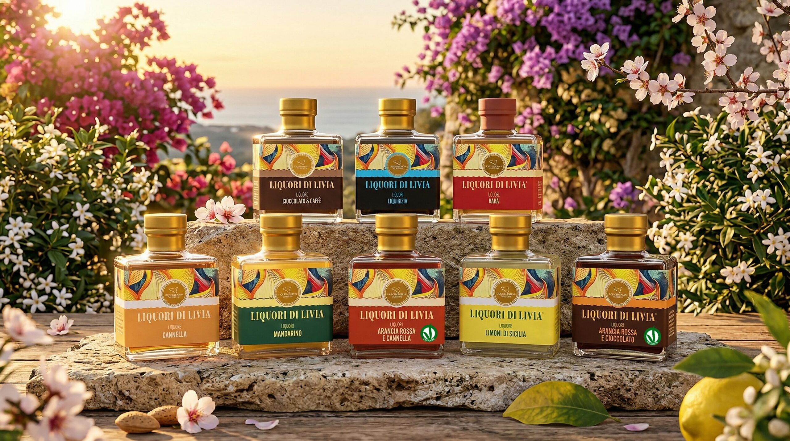 Selezione di liquori artigianali siciliani Liquori di Livia con gusti agrumati, speziati e dolci in giardino mediterraneo