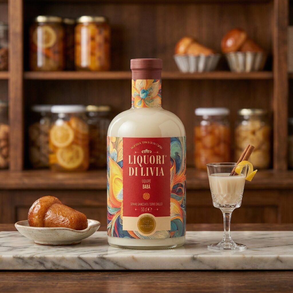 Bottiglia di liquore al babà artigianale con dolce babà e bicchiere servito su tavolo