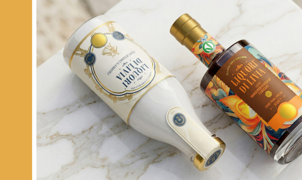 Bottiglie di liquore alla mandorla e liquore arancia rossa IGP di Sicilia e cioccolato su superficie in marmo