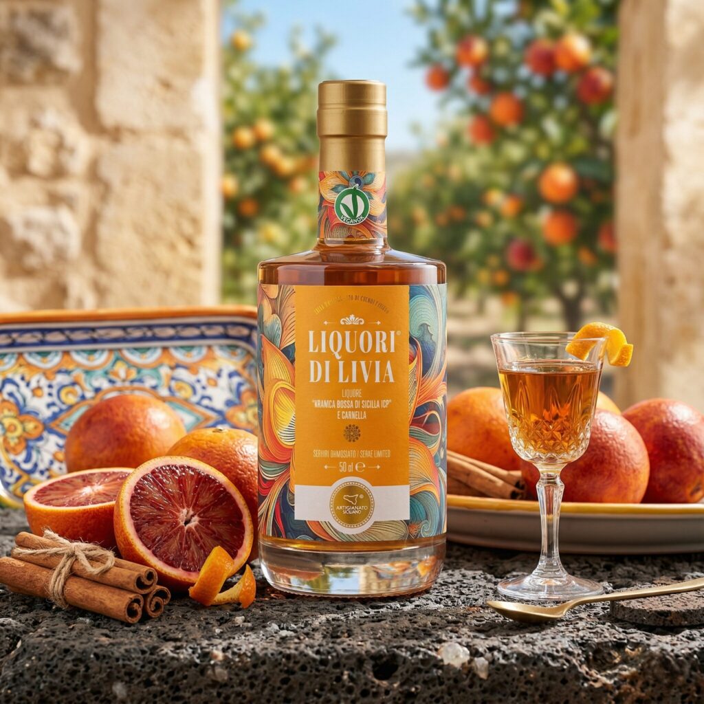 Bottiglia di liquore artigianale all’arancia rossa IGP di Sicilia e cannella con bicchiere e agrumi freschi